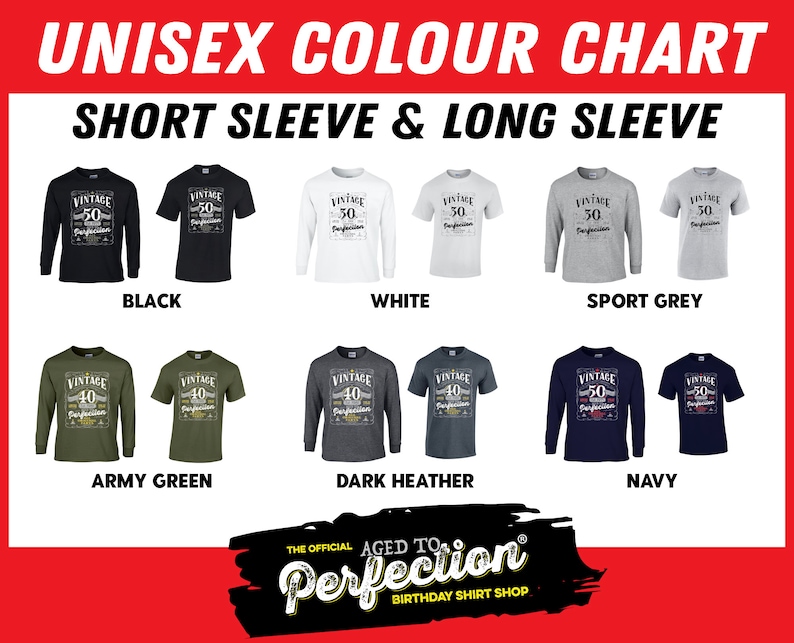 K&ouml;nnte beinhalten: Unisex-Farbkarte f&uuml;r T-Shirts mit kurzen und langen &Auml;rmeln. Die Karte zeigt neun verschiedene Farben: Schwarz, Wei&szlig;, Sportgrau, Armeegr&uuml;n, Dunkelgrau meliert, Marineblau, Rot, Pink und Blau. Jede Farbe wird durch ein T-Shirt mit dem Aufdruck "Vintage 50" dargestellt.