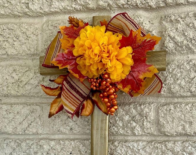 Featured listing image: Fall Cemetery Cross: Hand-Painted Gold, Mums & Berries