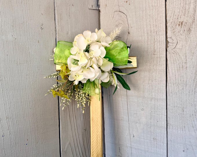 Featured listing image: Gold Pine Cemetery Cross Memorial with White Flowers, Greenery, Ribbon