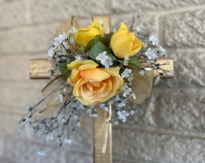 Flowers for cemetery, yellow roses, cemetery cross, grave decoration, memorial flowers,