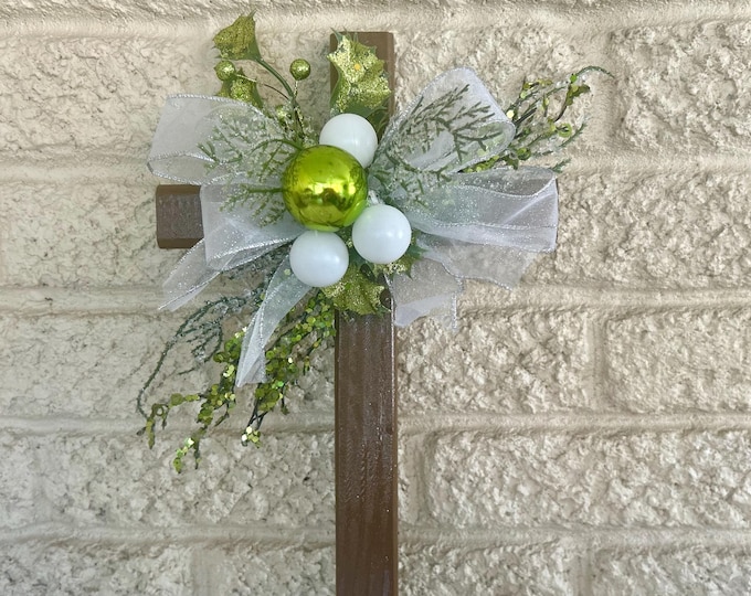 Featured listing image: Christmas Cemetery Cross: Bright Green, Silver Glitter, Winter Grave Decoration