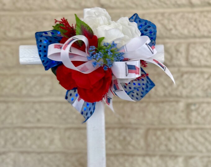 Featured listing image: Patriotic cemetery cross, red white and blue grave flowers, holiday cemetery stake, memorial cross