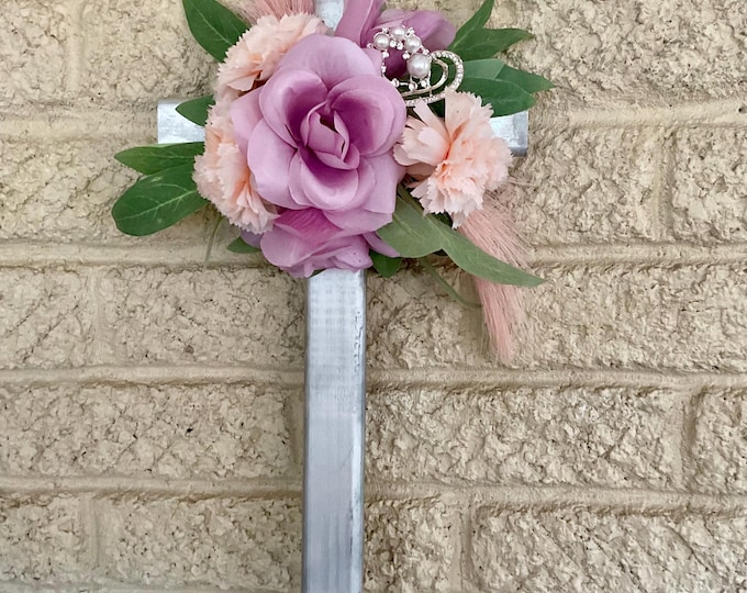 Featured listing image: Lavender Roses Pink Carnations Cemetery Cross, Female Memorial Flowers- 18”