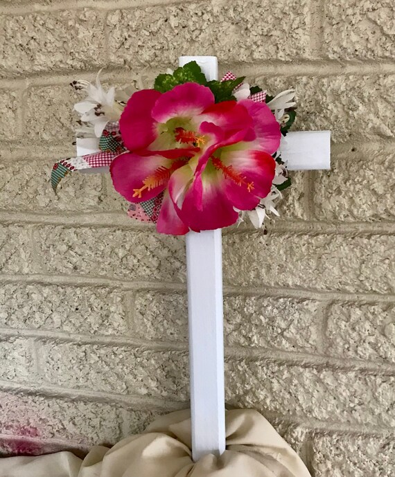 Cemetery cross, grave decoration, memorial flowers, grave marker, spring headstone flowers