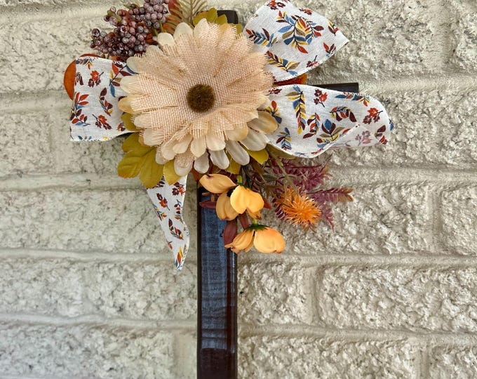 Featured listing image: Fall Cemetery Cross: Burlap Sunflower, Berries & Autumn Ribbon