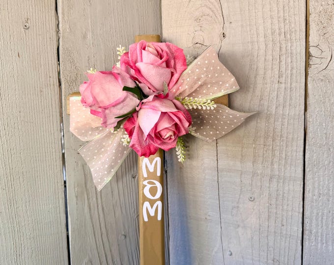 Featured listing image: Pink Floral Cemetery Cross, Mom Grave Decoration, Roses Memorial Flowers