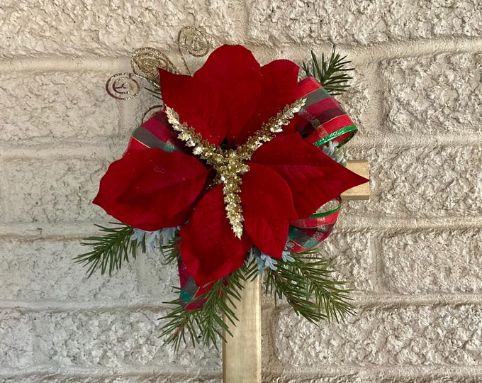 Featured listing image: Handcrafted Christmas Cemetery Cross:  Red Velvet Poinsettia Grave Decoration