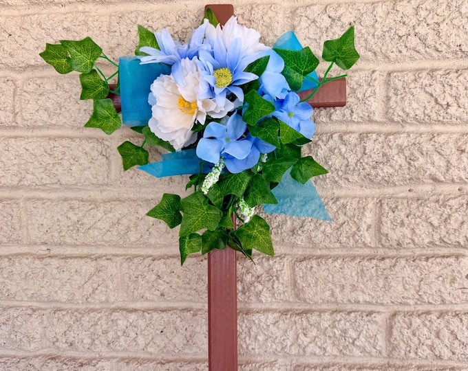 Featured listing image: Cemetery Cross Decoration, Blue and White Floral Memorial Grave Arrangement