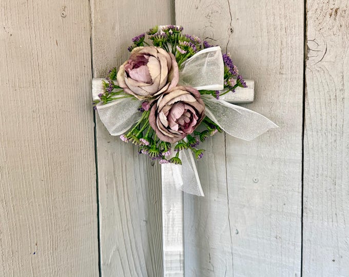 Featured listing image: Periwinkle Roses, Floral Cemetery Cross, Grave Decoration, Memorial Flowers