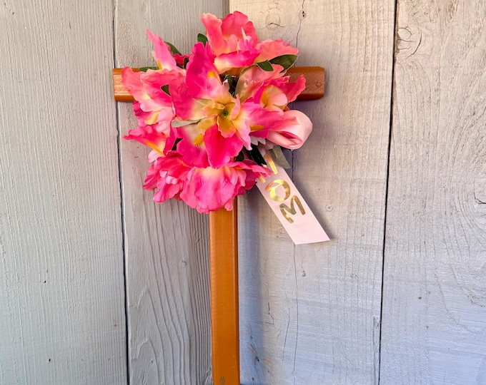 Featured listing image: Pink Floral Cemetery Cross, Mom Grave Decoration, Memorial Flowers