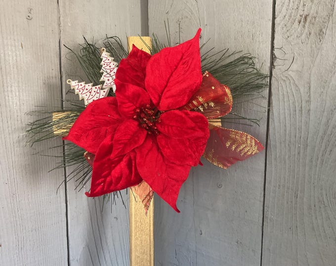 Featured listing image: Christmas Cemetery Cross: Red Velvet Poinsettia, Christmas Grave Decoration