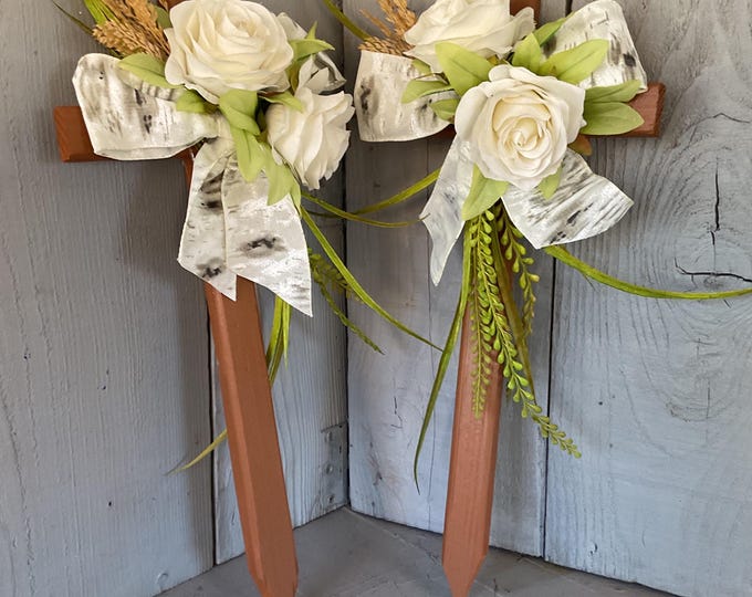 Featured listing image: Pair of matching crosses, two cemetery roses decoration, ivory grave