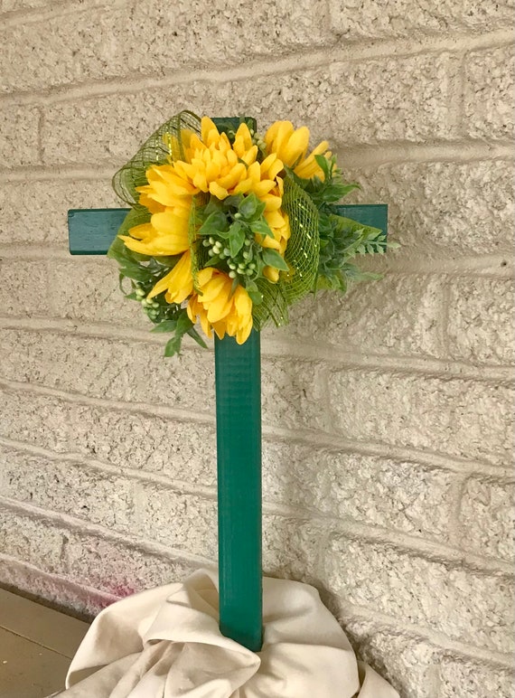 Cemetery cross, grave decoration, memorial flowers, grave marker, spring headstone flowers
