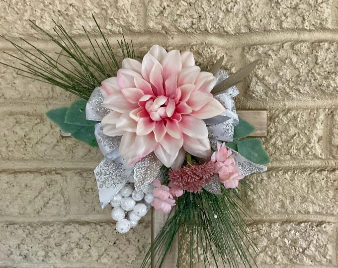 Featured listing image: Winter Cemetery Cross: Christmas Pink florals, White Accents