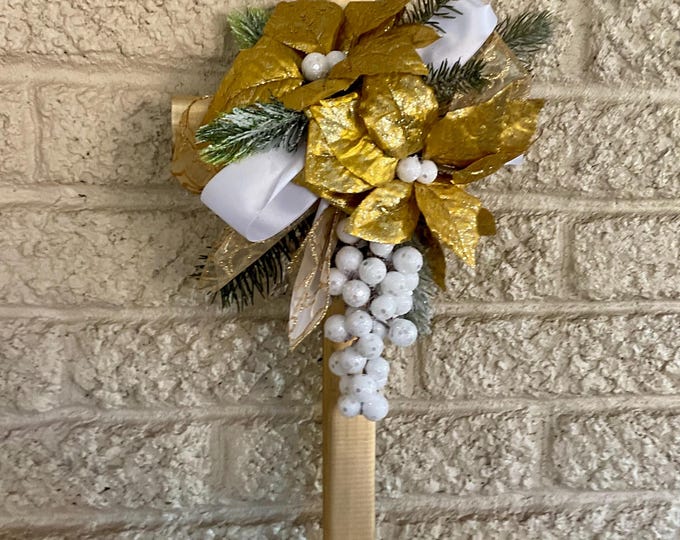 Featured listing image: Christmas Cemetery Cross: Gold Poinsettias, Winter Grave Decoration