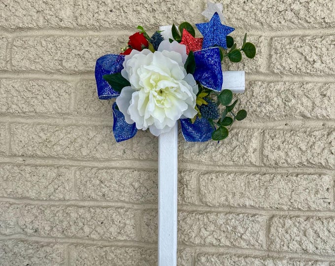 Featured listing image: Patriotic cross , red white and blue memorial grave decoration, cemetery flowers for grave patriotic