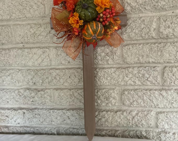 Featured listing image: Fall Cemetery Cross: Hand-Painted Rustic Pine Grave Decoration
