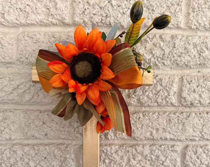 Featured listing image: Fall Cemetery Cross Decoration, Autumn Floral Memorial Grave Arrangement 18”
