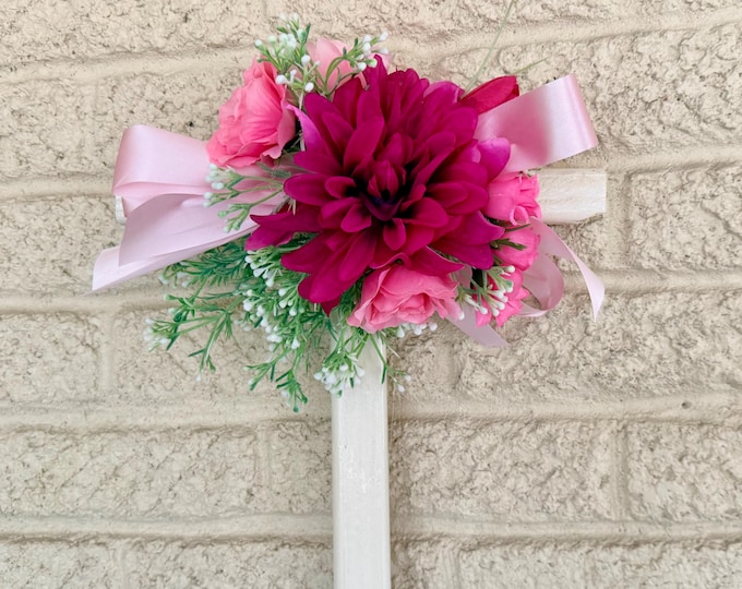 Featured listing image: Cemetery Cross Decoration, Pink Floral Memorial Day Grave Arrangement