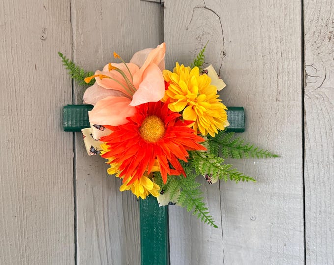 Featured listing image: Hand-Painted Pine Cemetery Cross: Floral Grave Decoration