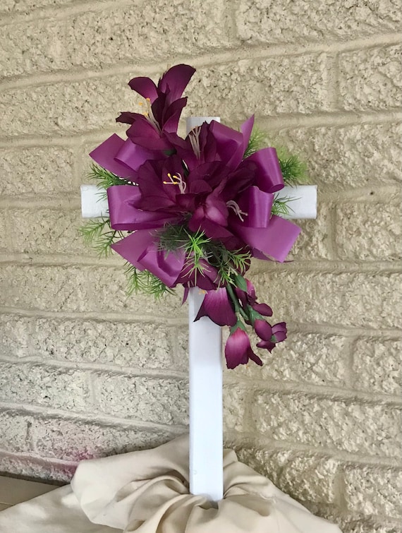 Cemetery cross, grave decoration, memorial flowers, grave marker, spring headstone flowers