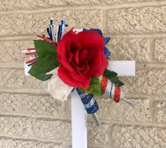 Patriotic Cemetery cross, grave decoration, memorial flowers, grave marker, summer red-white-blue