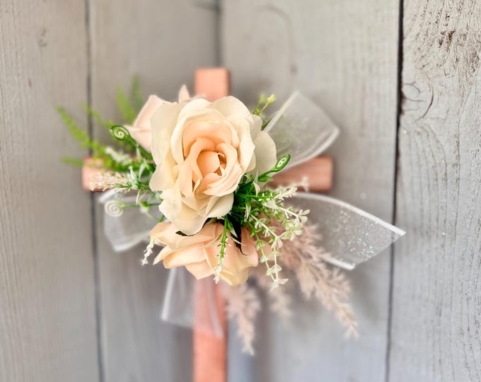 Featured listing image: Pink Rose Cemetery Cross, Brass Memorial Grave Decoration