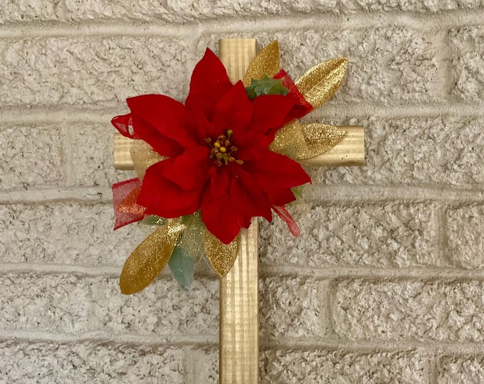 Featured listing image: Handcrafted Gold Poinsettia Cemetery Cross - Holiday Grave Decoration