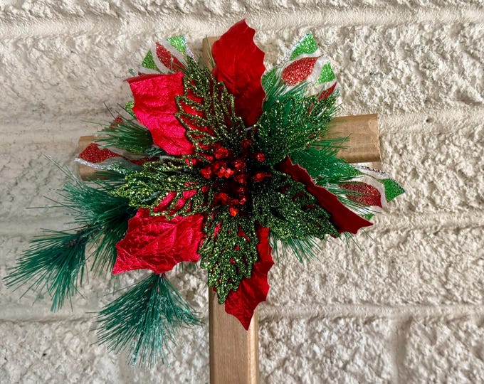 Featured listing image: Christmas Cemetery Cross: Large Red and Green Glitter Poinsettia , Winter Grave Decoration 18”
