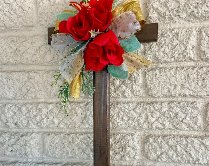 Featured listing image: Christmas Cemetery Cross: Red Roses Grave Decoration-18 inch