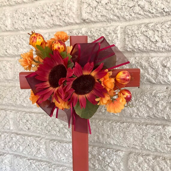 Fall cemetery, holiday grave decoration, autumn memorial stake, cemetery cross