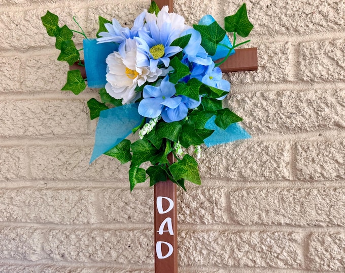 Featured listing image: Dad Cemetery Cross Decoration, Blue and White Floral Memorial Grave Arrangement -24”