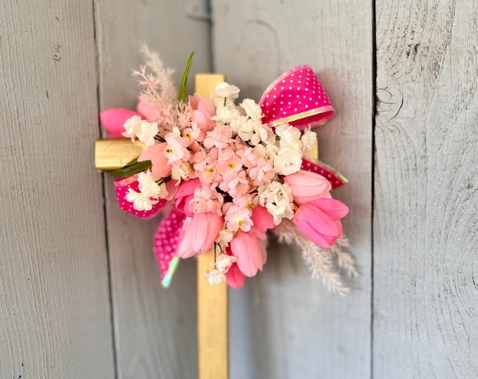 Featured listing image: Tulip Memorial Cross, Pink Cemetery Flowers, Grave Decoration
