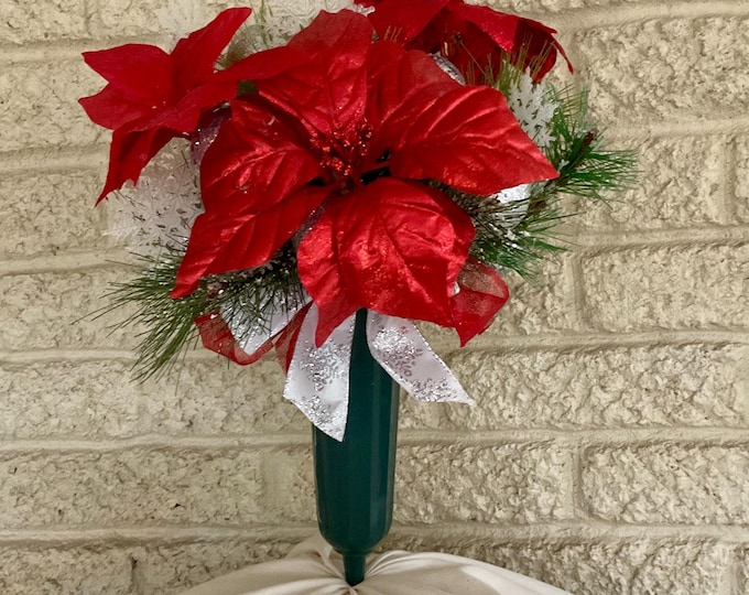 Featured listing image: Christmas Cemetery Vase: Red Poinsettias, Winter Grave Decoration