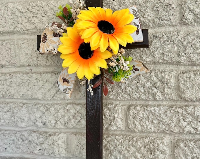 Featured listing image: Rustic Pine Cemetery Cross with Sunflowers: Memorial Grave Decoration