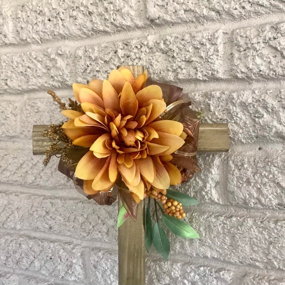 Fall cemetery cross, holiday grave decoration, autumn memorial stake, cemetery cross