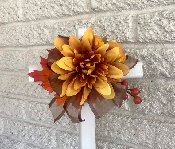 Fall floral cemetery cross for grave decoration 18”
