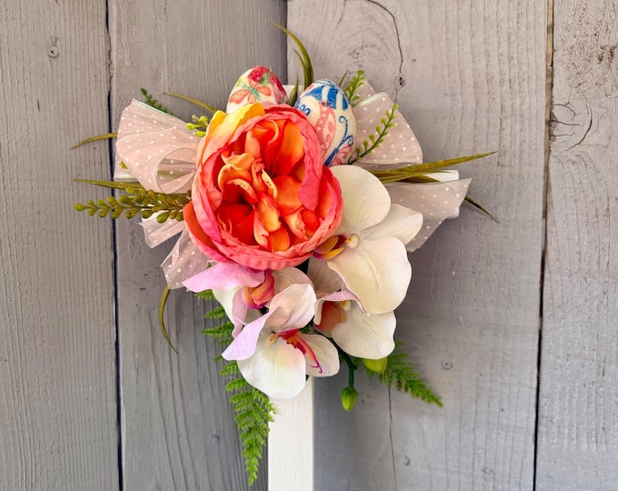 Featured listing image: Easter Cemetery Cross Decoration, White Pine Memorial with Peony, Orchids, Eggs
