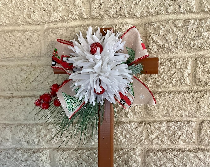 Featured listing image: Winter Cemetery Cross: White florals, Red Accents