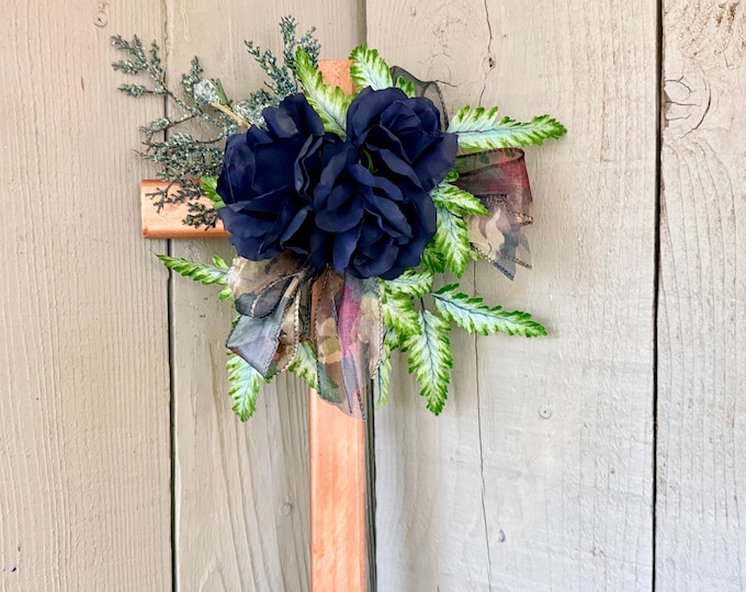Featured listing image: Blue Rose Cemetery Cross, Copper Memorial Grave Decoration