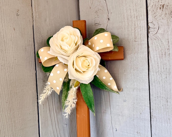 Featured listing image: Cream Rose Cemetery Cross, Memorial Grave Decoration