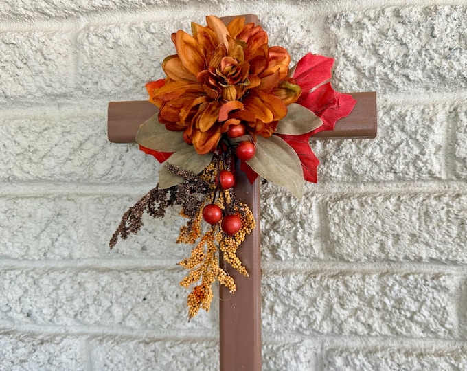 Featured listing image: Fall Cemetery Stake Grave Decoration, Autumn Floral Memorial Grave Arrangement 18”