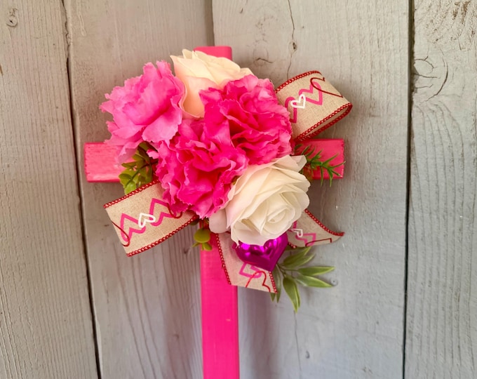 Featured listing image: Valentine cemetery, heart grave decor, pink grave flowers