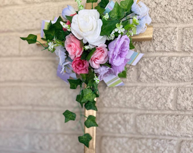 Featured listing image: 24" Gold Pine Cemetery Cross Decoration, Pink Purple Blue Floral Memorial Grave Arrangement