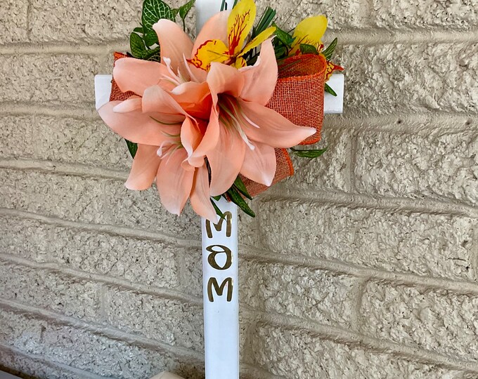 Featured listing image: Mom cemetery cross, cemetery decoration, memorial flowers for mom, cross memorial, grave decoration