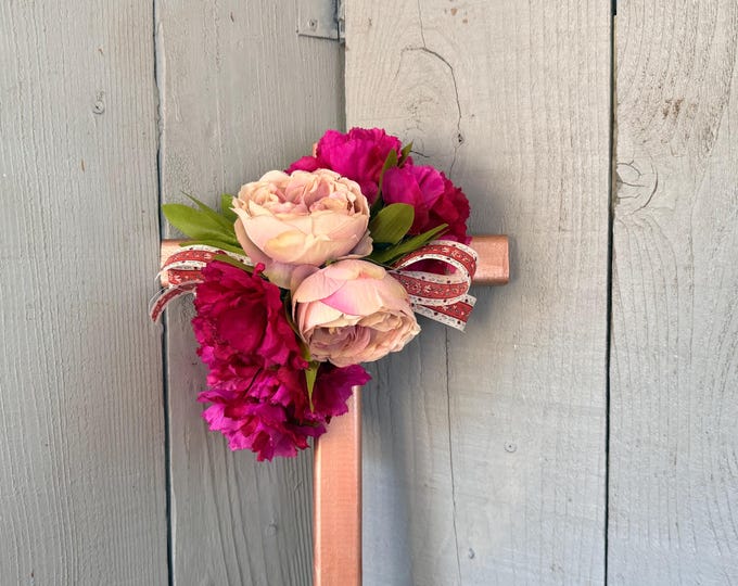 Featured listing image: Cemetery Cross Memorial Decoration, Pink Peonies Carnations, Copper Pine Wood