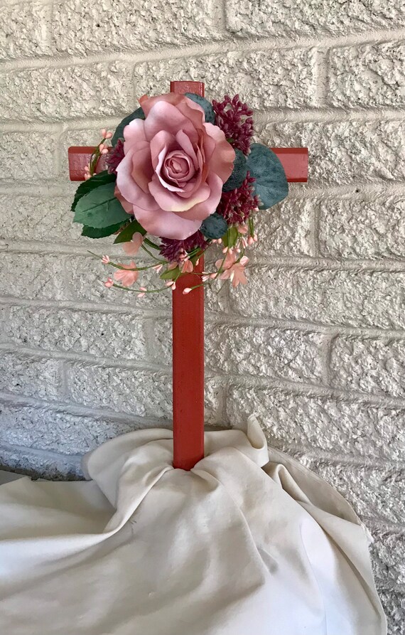 Cemetery cross for grave decorations Paul yes red with large pink rose. The cross is 18” on height