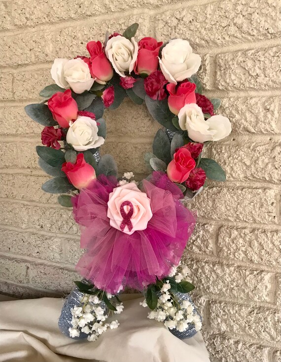 SALE Pink Ribbon Cemetery, pink roses, white roses grave decoration, breast cancer awareness