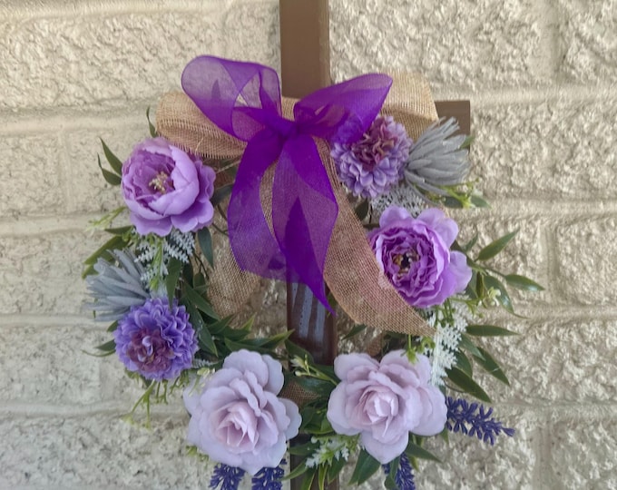 Featured listing image: Floral Cemetery Cross: Lavender Roses Memorial Grave Decoration