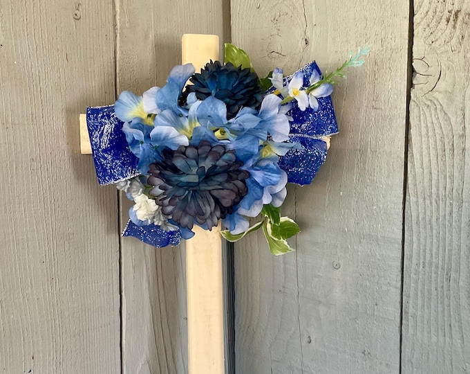 Featured listing image: Cemetery flowers, cemetery decoration, blue memorial flowers, cross memorial, grave decoration